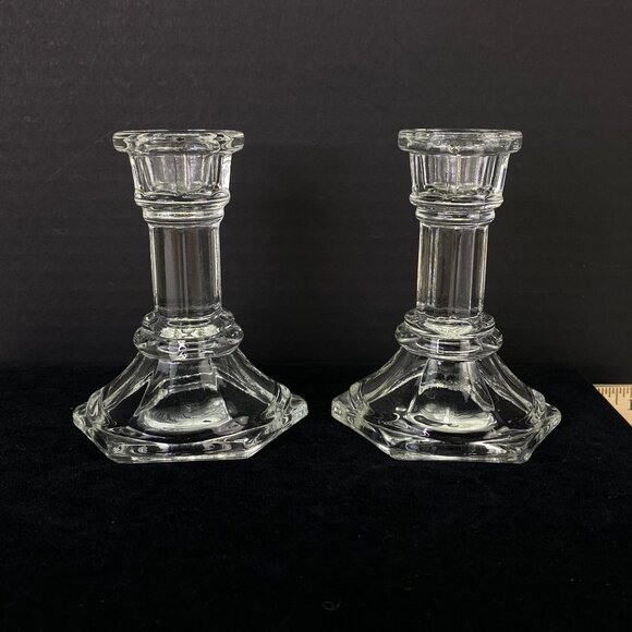 FTDA Clear Glass Taper Candlesticks 4 Inch Set Of 2 Hexagonal Base - Picture 4 of 8
